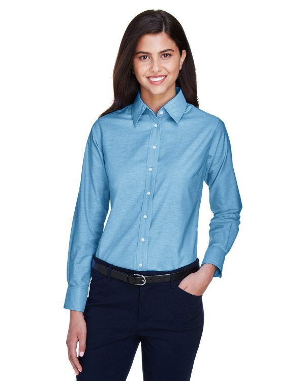 Harriton Ladies Long Sleeve Oxford with Stain-Release | Light Blue For Discount