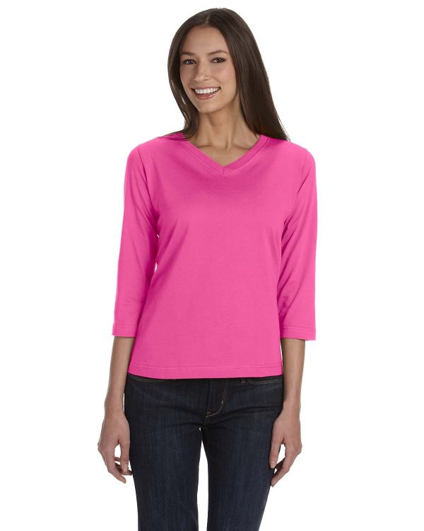 LAT Ladies 3 4 Sleeve V-Neck Tee | Raspberry For Discount