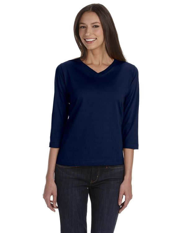 LAT Ladies 3 4 Sleeve V-Neck Tee | Navy on Sale
