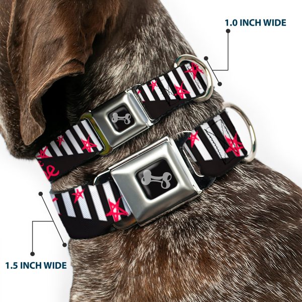 Dog Bone Black Silver Seatbelt Buckle Collar - Love Me w Sketch Stars & Stripes Black White Fuchsia Cheap - Image 2