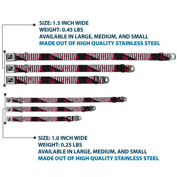 Dog Bone Black Silver Seatbelt Buckle Collar - Love Me w Sketch Stars & Stripes Black White Fuchsia Cheap - Image 3