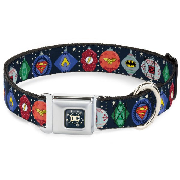 DC Comics Holiday Logo Full Color Black White Seatbelt Buckle Collar - DC Comics Justice League Holiday Ornament Icons and Stars Cheap