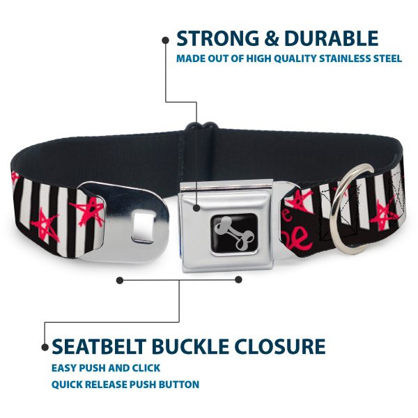 Dog Bone Black Silver Seatbelt Buckle Collar - Love Me w Sketch Stars & Stripes Black White Fuchsia Cheap - Image 4