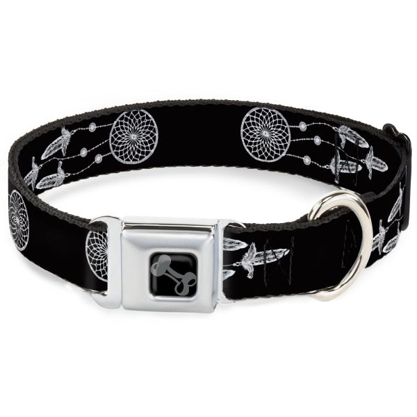Dog Bone Black Silver Seatbelt Buckle Collar - Dream Catcher Black White Supply